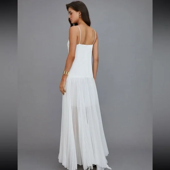 White Satin Bodice Pleated Hem Layered Spaghetti Dress Maxi Dress - Picture 4 of 6